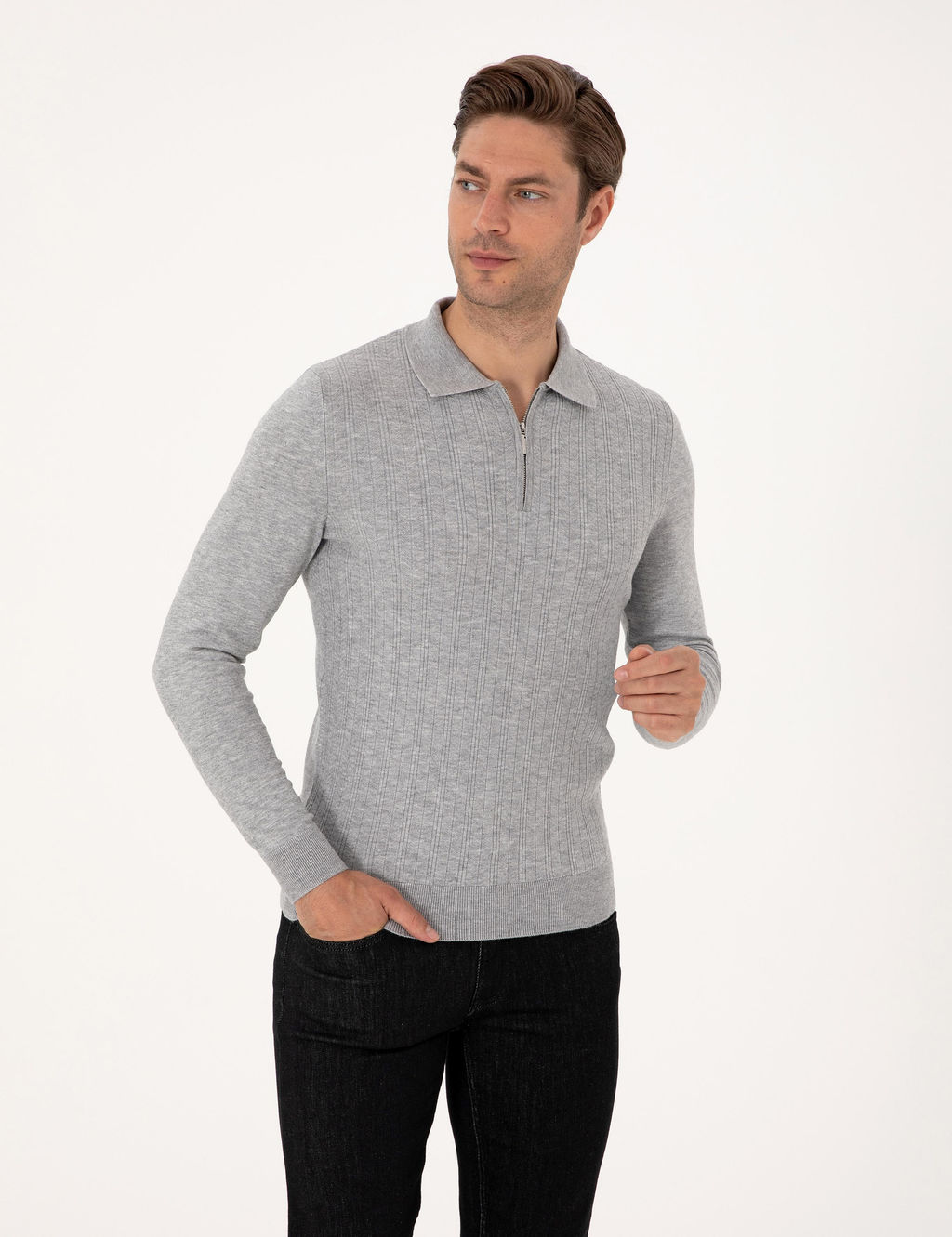 A__k Gri Melanj Regular Fit Polo Yaka Fermuarl_ Triko Kazak - Pierre cardin фото 3