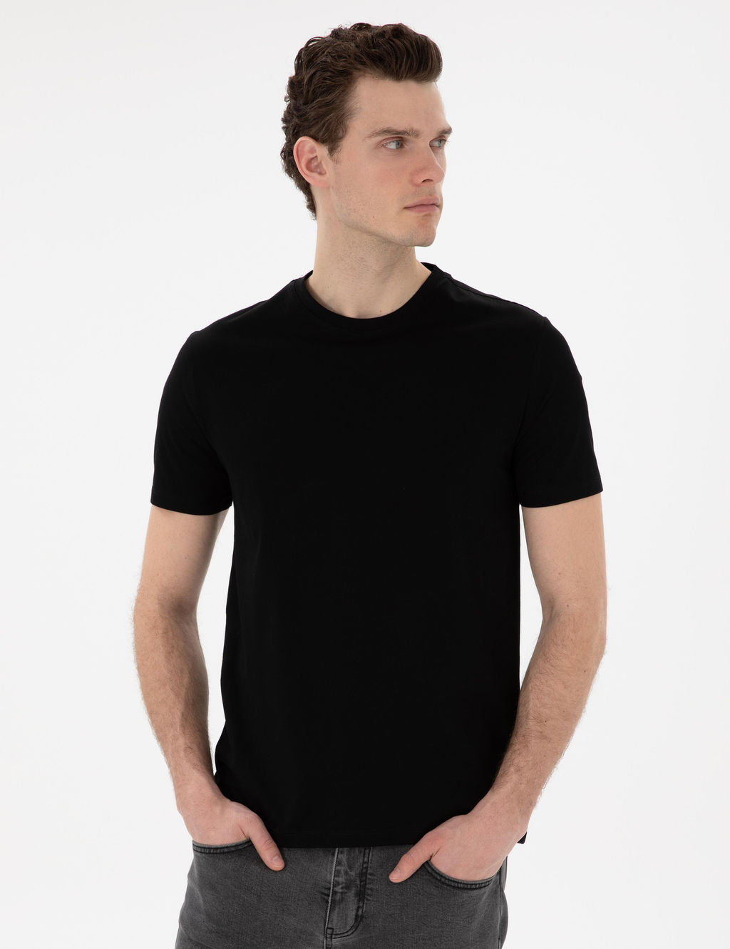 Siyah Slim Fit Merserize Basic Ti__rt