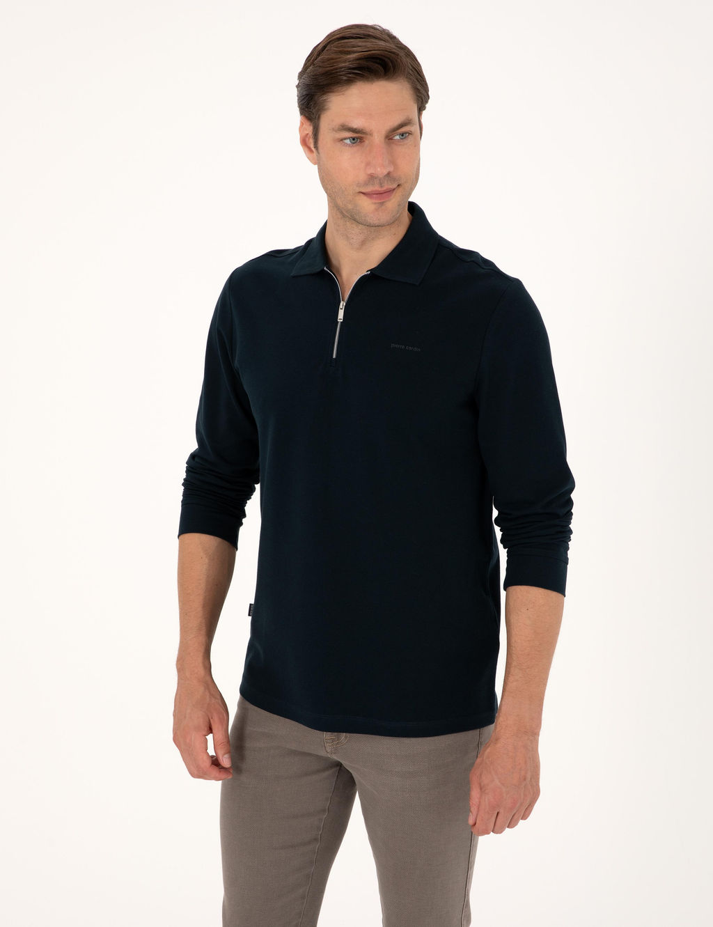 Lacivert Slim Fit K_vr_lmaz Fermuarl_ Polo Yaka Basic Pike Sweatshirt