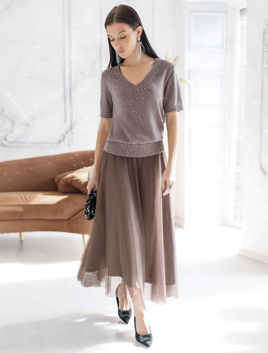 Юбка миди вечерняя на резинке из матового сатина с мягкой сеткой - Vilatte фото 5