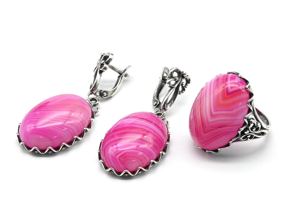 Кольцо Серьги с агатом тонированным, цв.фуксия размер 21