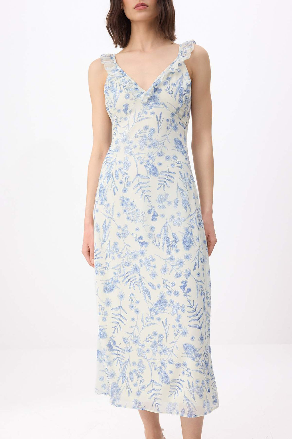 Beyaz-Mavi Cicekli Sifon Astarl? Midi Dokuma Elbise TWOSS26EL00223 - Trendyolmilla фото 3