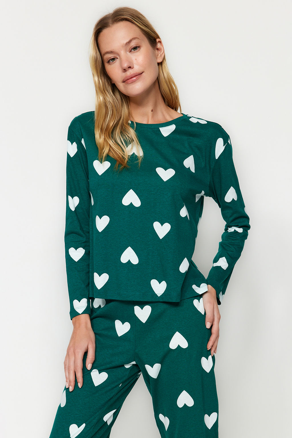 Zumrut Yesili %100 Pamuklu Kalpli Orme Pijama Tak?m? THMAW21PT0566