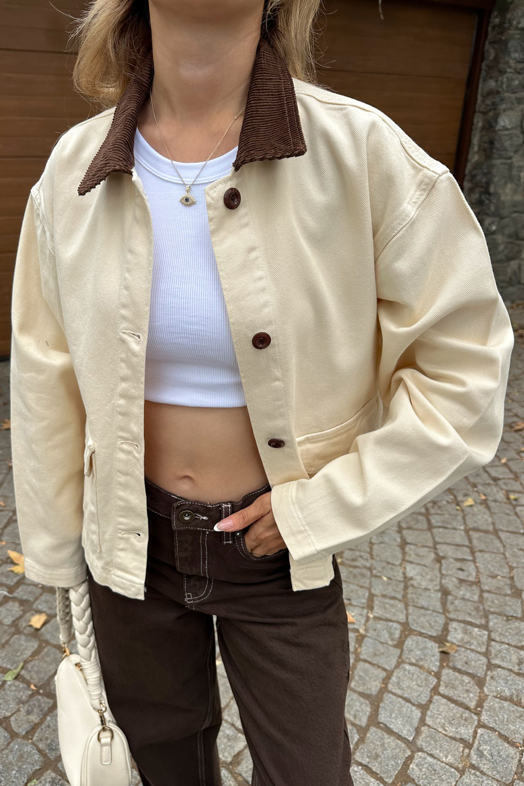 Ekru Fitilli Kadife Yaka Detayl? Denim Gomlek Ceket TWOAW26CE00004 - Trendyolmilla фото 4