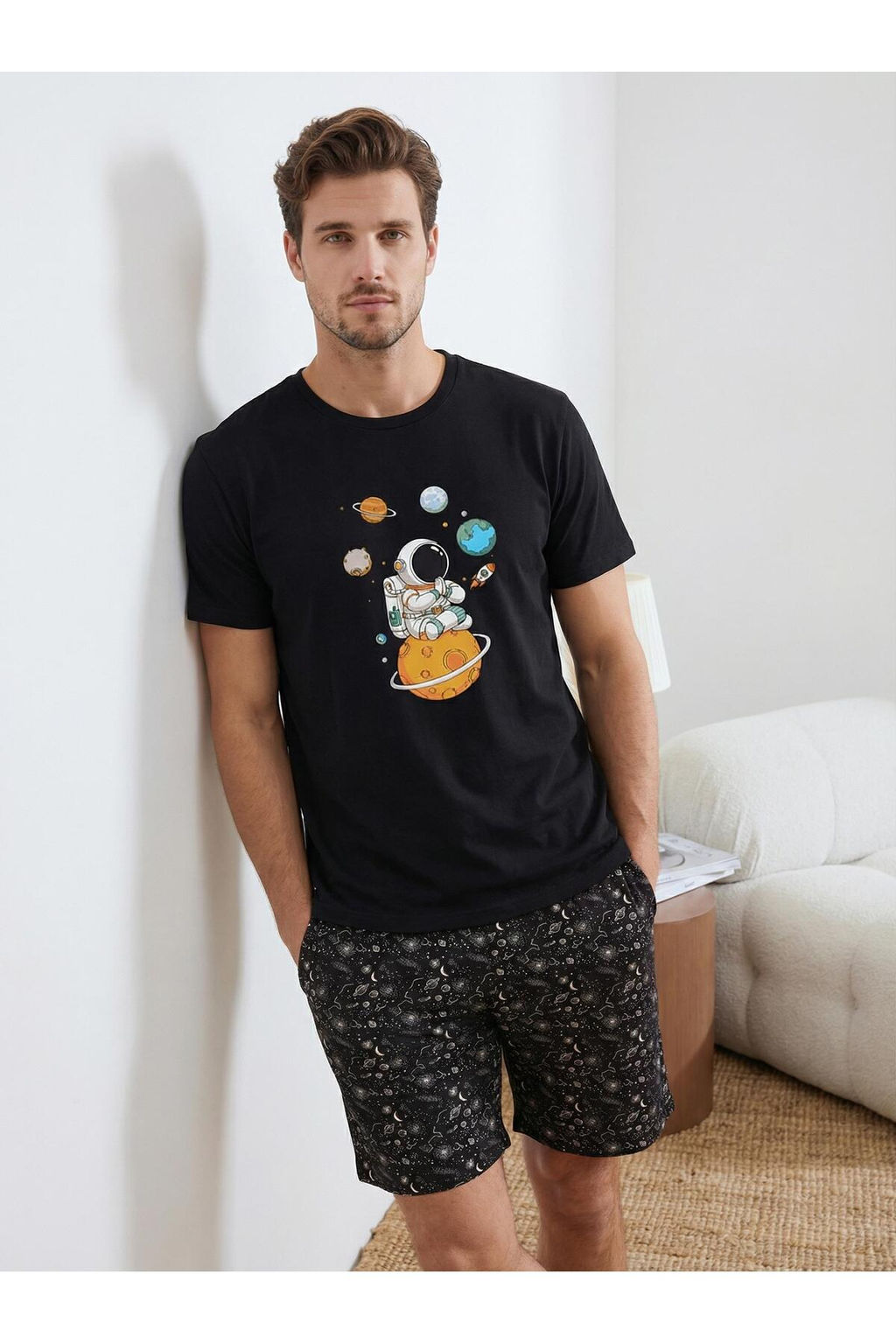 Siyah Regular Kesim Galaksi Desen Pamuklu Pijama Tak?m? TMNSS26PT00026 - Trendyolmilla фото 6