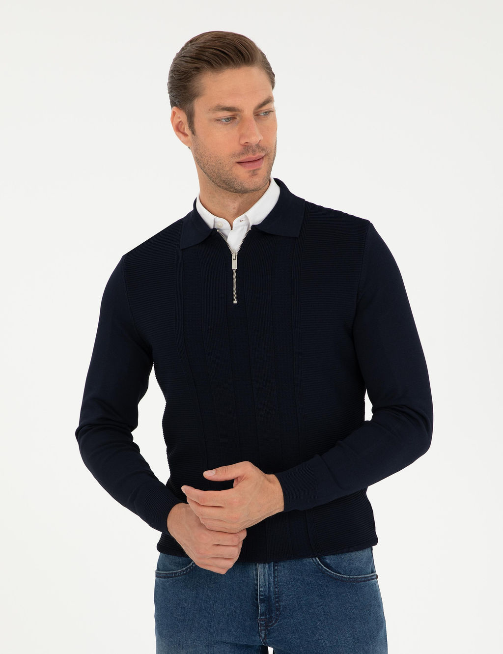 Lacivert Regular Fit Fermuarl_ Polo Yaka Triko Kazak