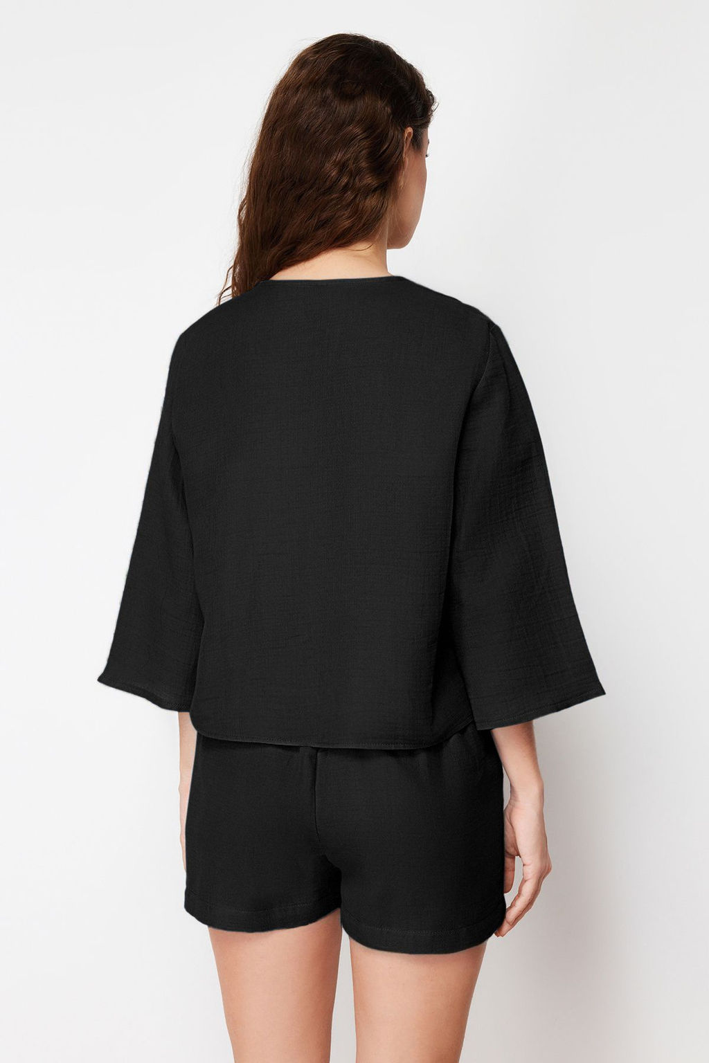 Trendyolmilla Mavi %100 Pamuklu Baglama/Kurdele/Fiyonk Detayl? Muslin Sortlu Dokuma Pijama Tak?m? THMSS24PT00077 фото 21