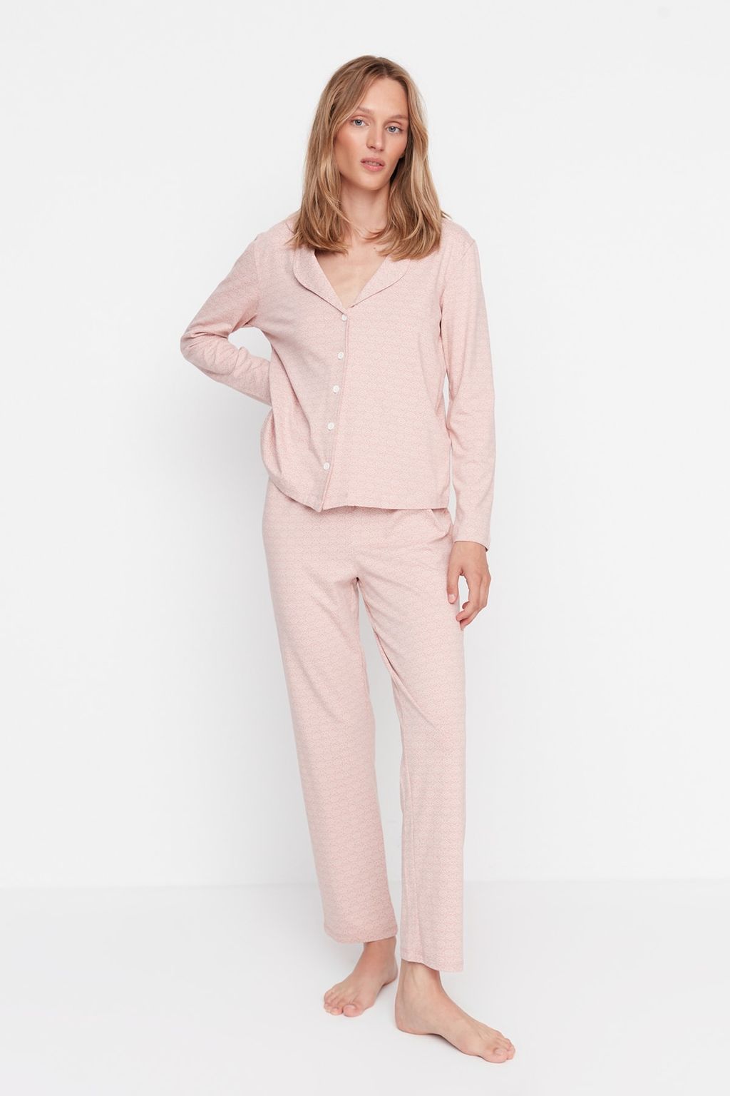 Pudra %100 Pamuklu Bask?l? Orme Pijama Tak?m? THMAW20PT0265