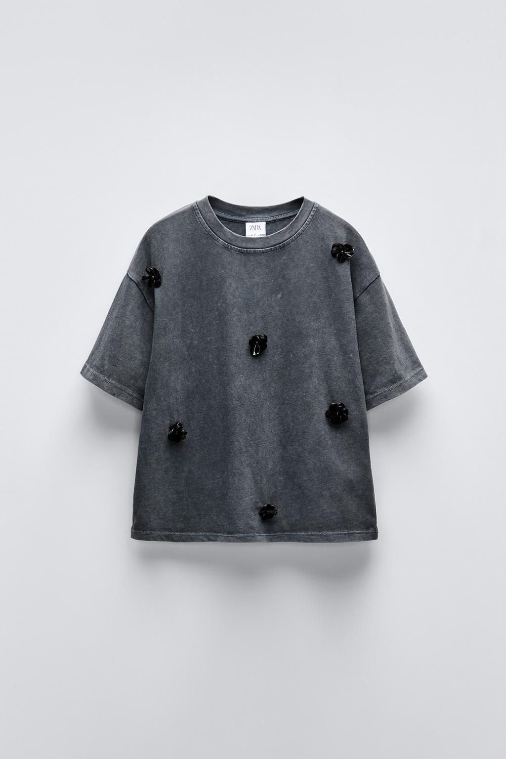 FADED-EFFECT T-SHIRT WITH FLORAL APPLIQUE
