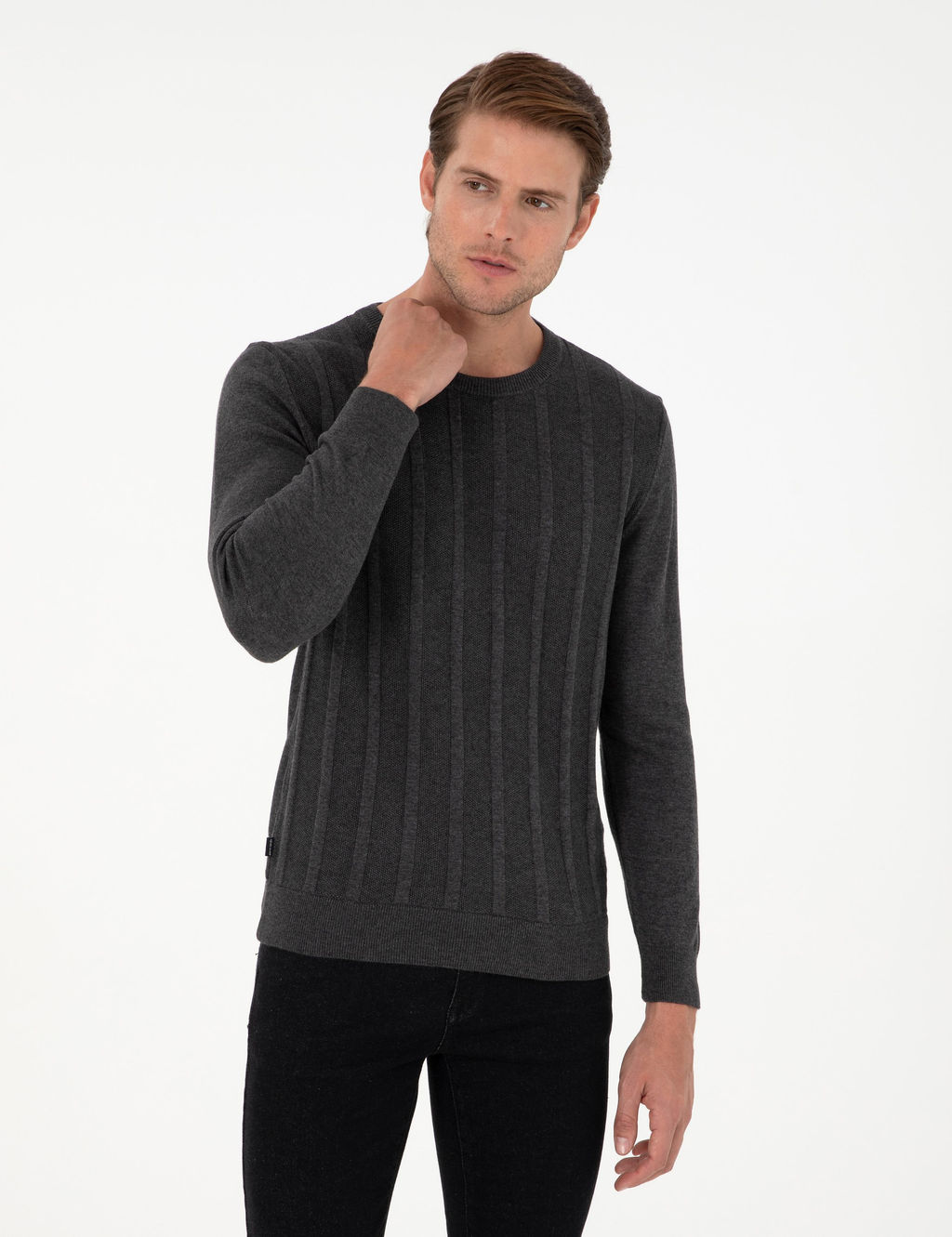 Antrasit Melanj Slim Fit Bisiklet Yaka Triko Kazak