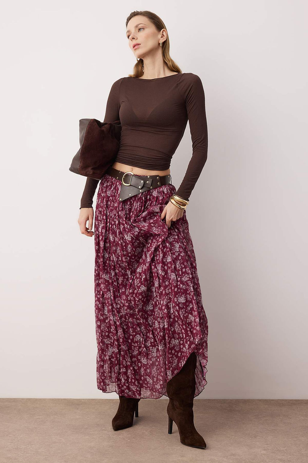 Pembe Kemerli Cicekli Sifon K?r?s?k Dokuma Uzun Etek TWOAW26ET00171 - Trendyolmilla фото 2