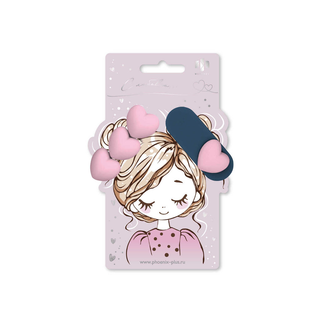 Набор заколок для волос клик-клак, зажим, софт-тач, арт. 71755 / 10 СЕРДЕЧКИ (в наборе: 2шт., 6,4; 6,7 см, черный металл, поликарбонат, полиэфирная смола, цвет: розовый, серо-голубой, подложка из мелованного картона + ПЭТ-пакет с европодвесом)