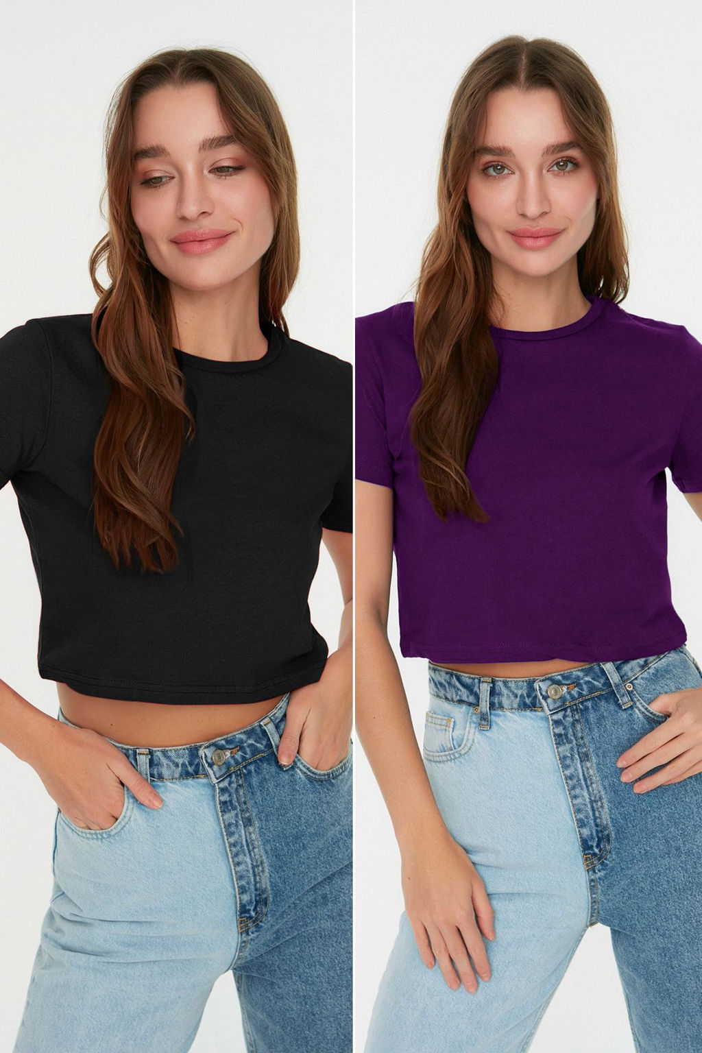 Mor-Antrasit 2li Paket %100 Pamuk Crop Bisiklet Yaka Orme T-Shirt TWOSS20TS1480