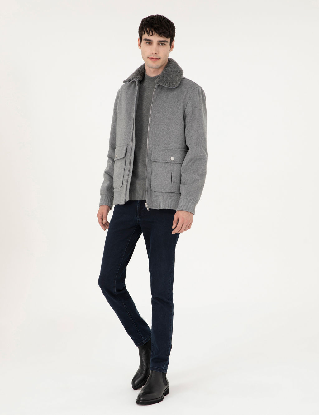 Gri Y_n Kar___ml_ Regular Fit Ka_e Mont