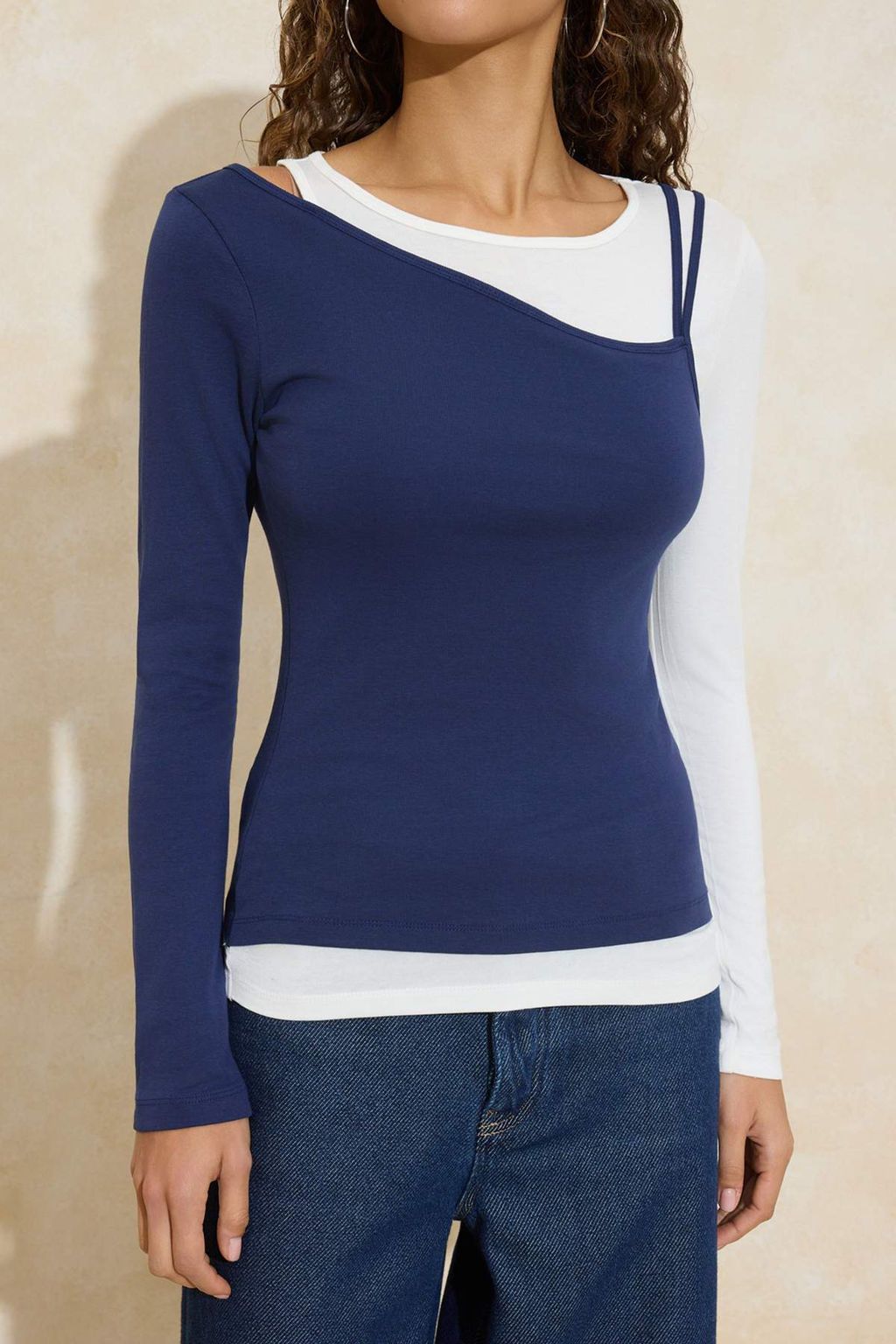 Lacivert Ikili Gorunumlu Regular/Normal Kal?p Uzun Kollu Pamuk Ribana Orme Bluz TWOSS26BZ00231