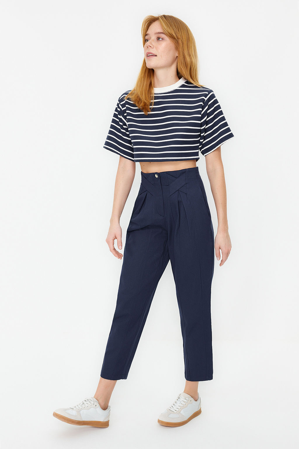 Lacivert Pamuklu Havuc Kal?p Serit Detayl? Dokuma Pantolon TWOAW22PL0342