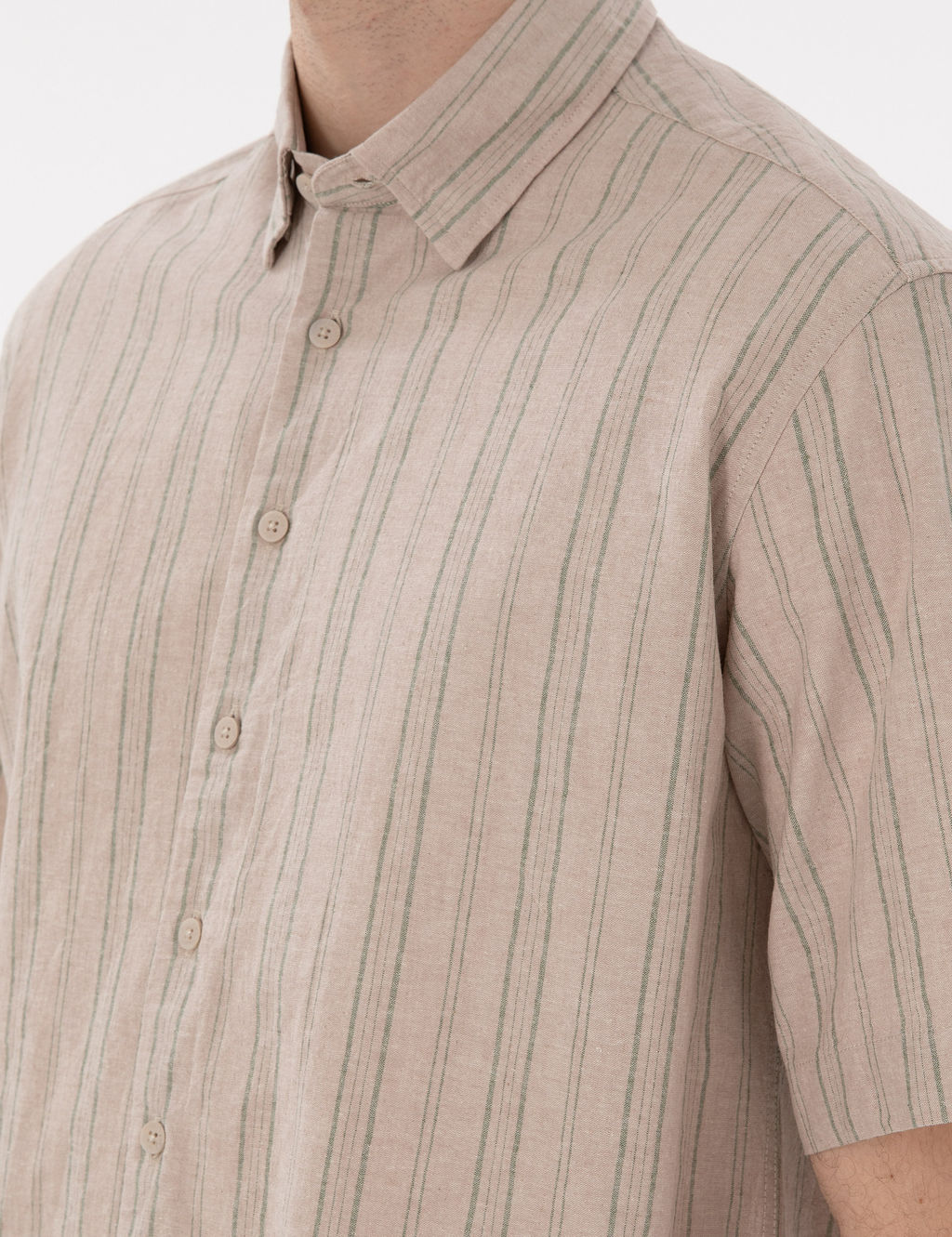 Haki Keten Kar___ml_ Oversize Rahat Kesim K_sa Kollu G_mlek