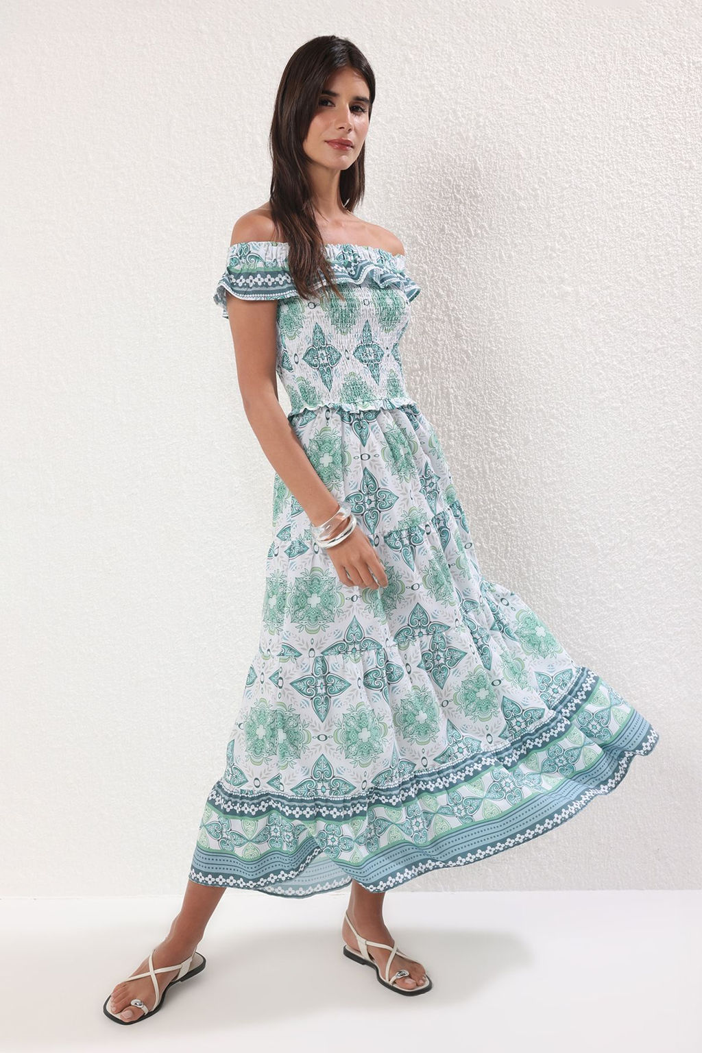 Yesil Cicekli A Kesim Gipe Detayl? Maxi Dokuma Elbise TWOSS25EL00195 - Trendyolmilla фото 2