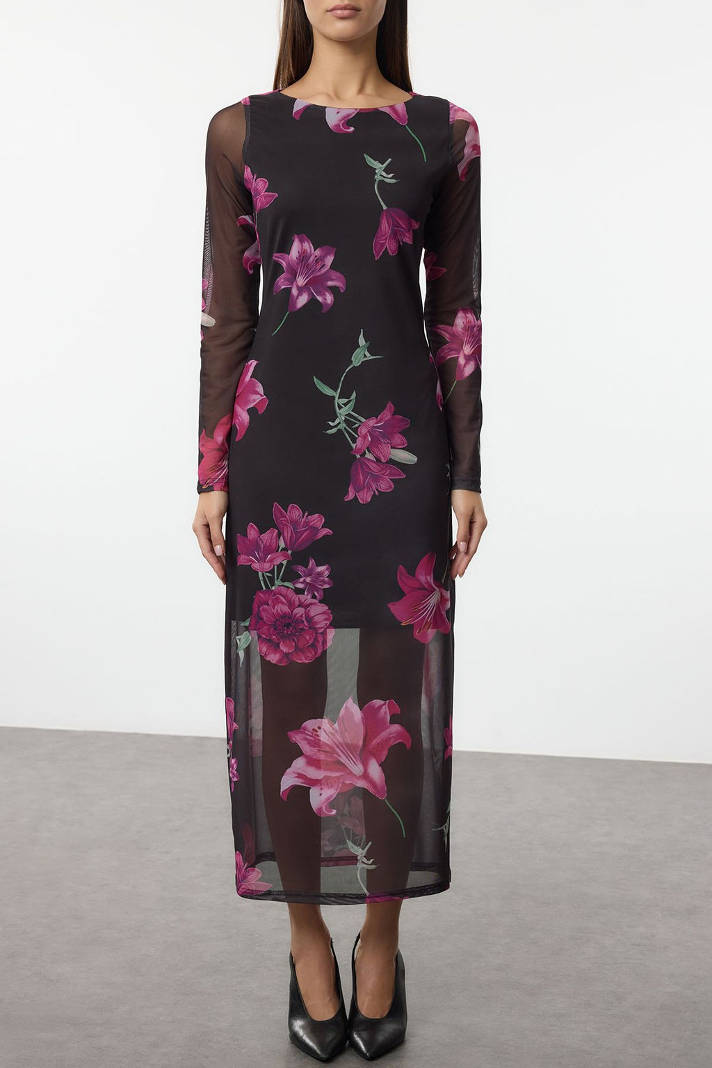 TRENDYOLMILLA Cok Renkli Bisiklet Yaka Bask?l? Astarl? Vucuda Oturan Tul Midi Orme Orme Elbise TWOAW24EL00605 фото 17