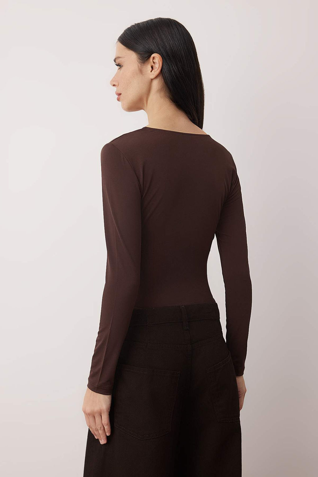 Kahverengi Dantel Seritli V Yaka Orme Y?lbas? Body TPRAW26BD00018