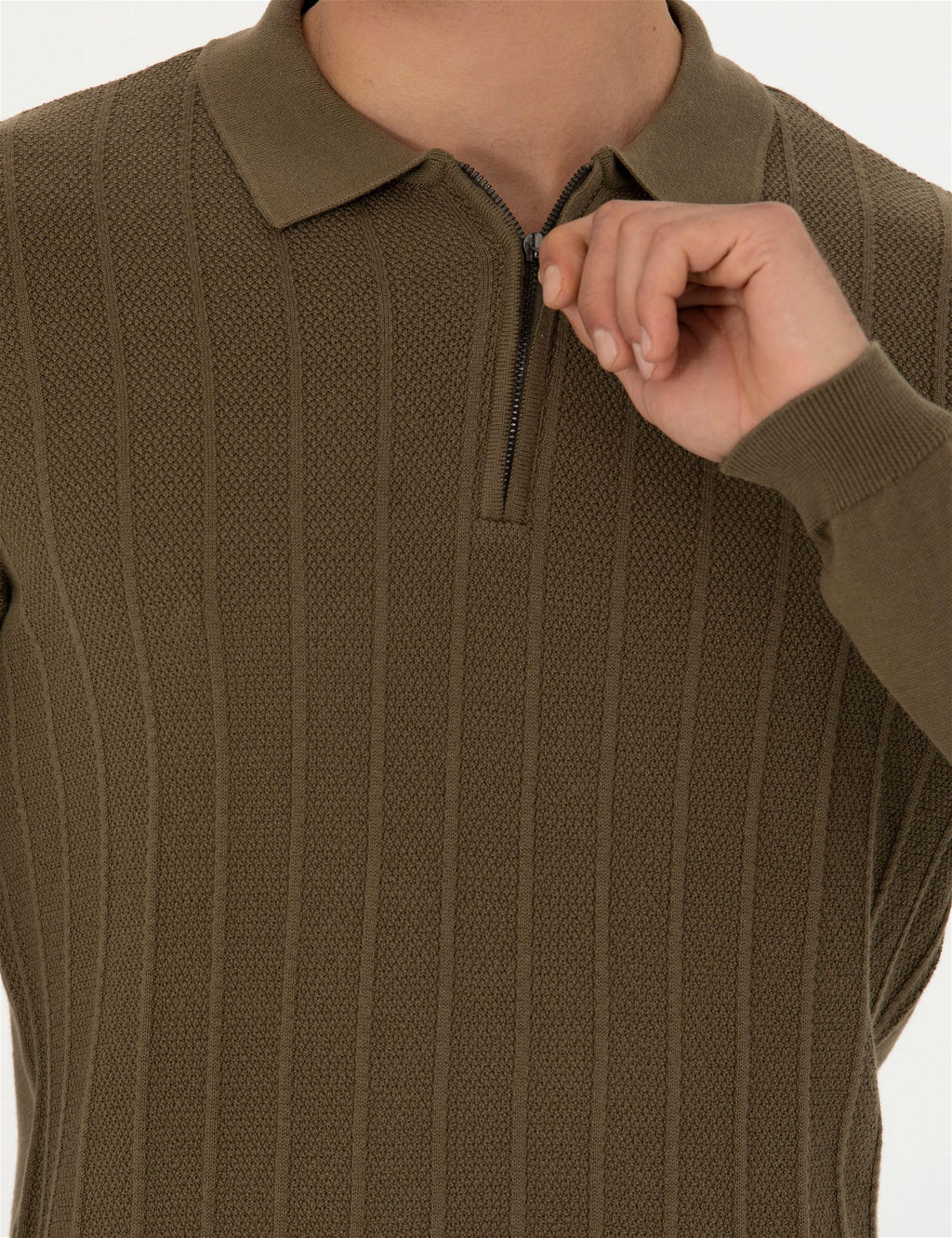 Koyu Haki Slim Fit Fermuarl_ Polo Yaka Triko Kazak