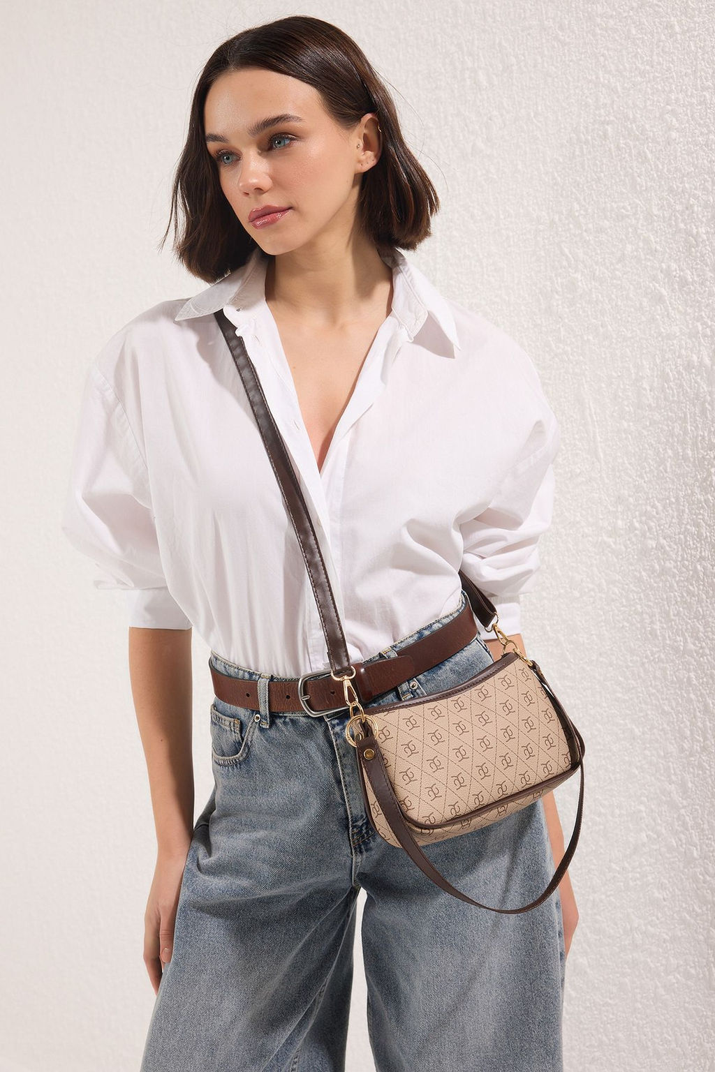 Bej Desenli Ayarlanabilir Ask?l? Kad?n Mini City Omuz Canta TAKSS25OC00057