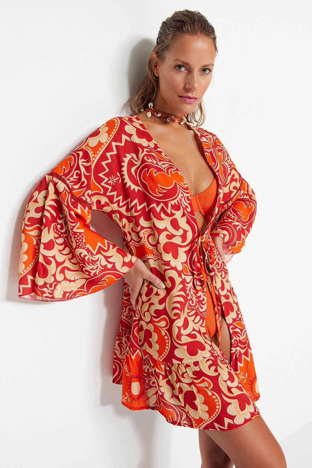 Trendyolmilla Etnik Desenli Mini Dokuma Plaj Kimono&Kaftan TBESS23KM00032