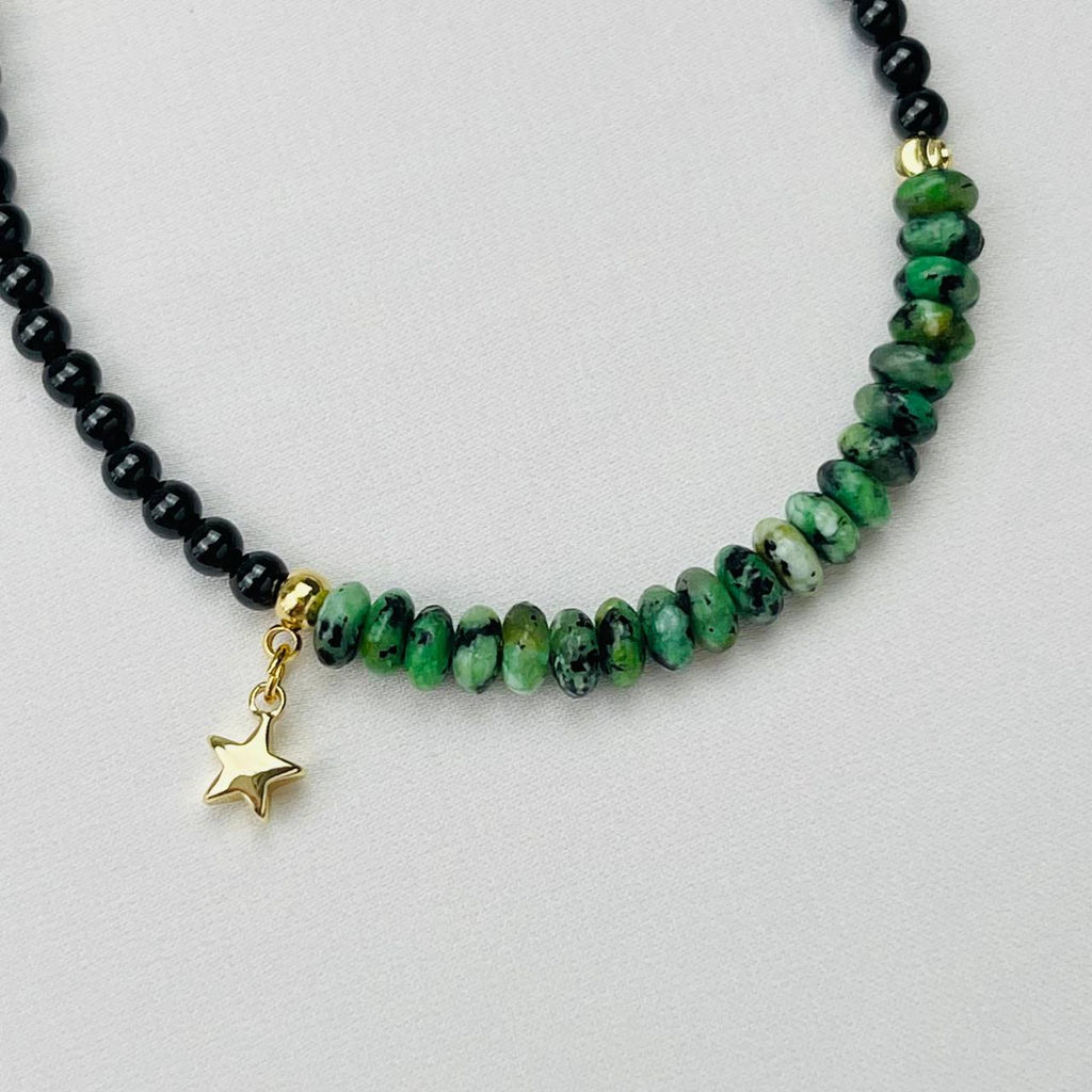 Браслет из черного Агата и Хризоколлы с подвеской "Звезда" 18 см +