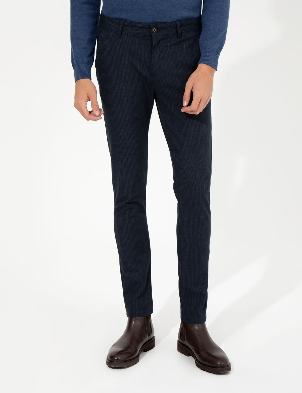 Lacivert Slim Fit Keten Kar___ml_ Chino Pantolon