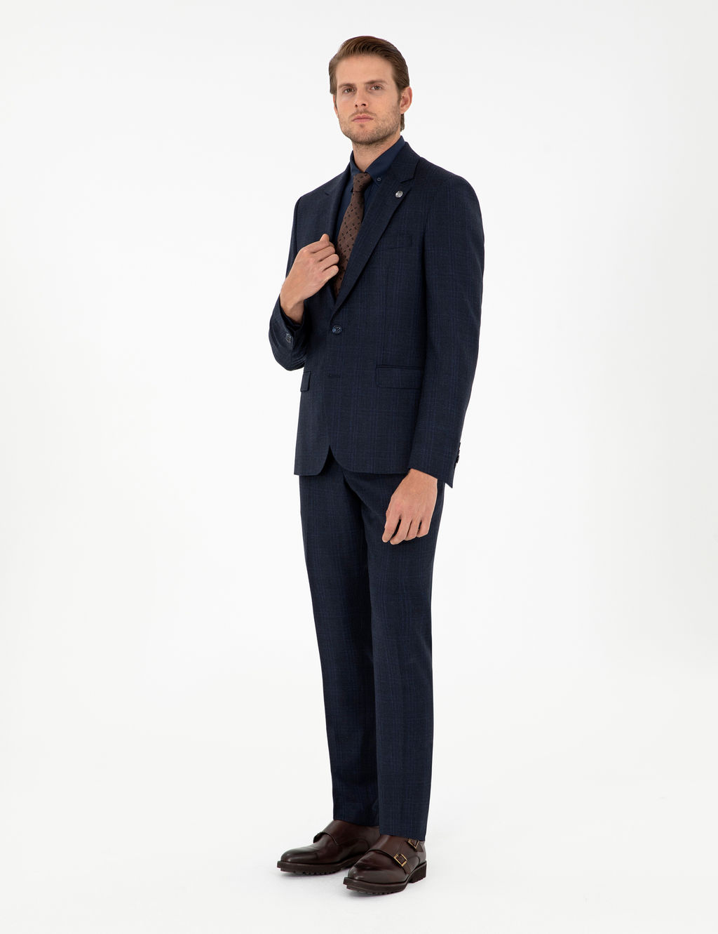 Lacivert Slim Fit Ekose Y_n Tak_m Elbise