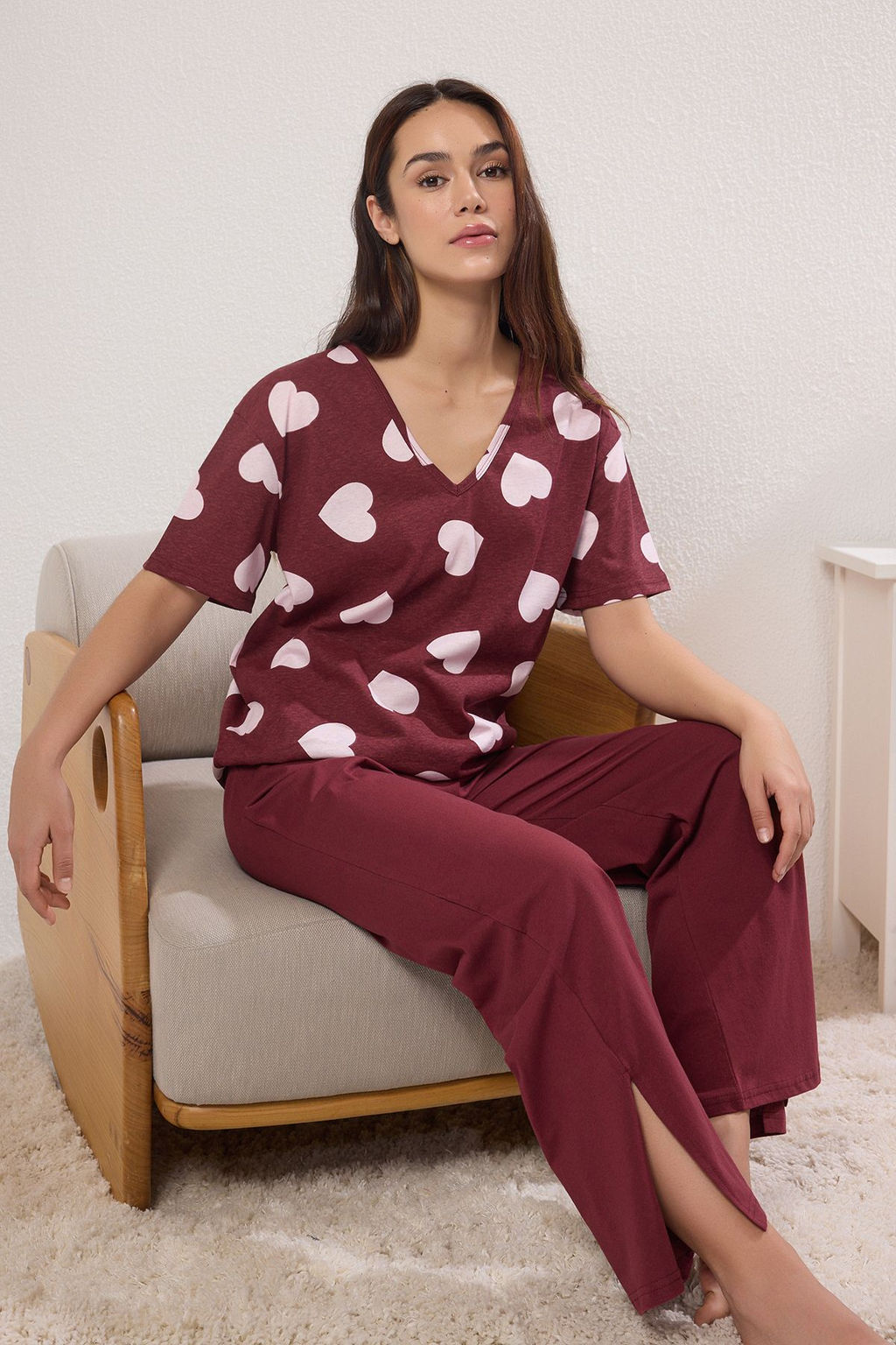 Trendyolmilla Bordo-Cok Renkli %100 Pamuklu Kalpli ve Y?rtmac Detayl? Orme Pijama Tak?m? THMSS25PT00277  фото 6