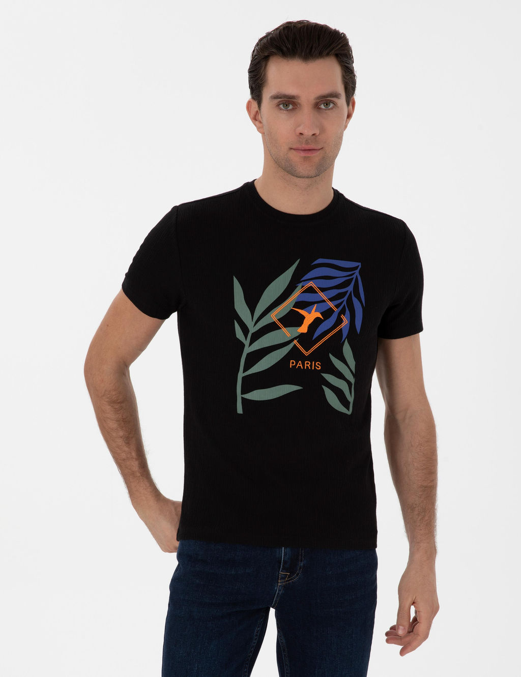 Siyah Slim Fit Bisiklet Yaka Desenli T-shirt