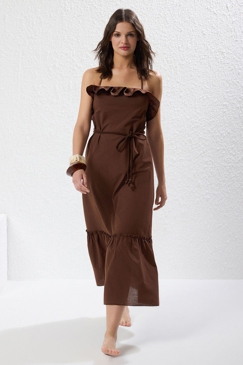 Kahverengi Dokuma F?rf?rl? %100 Pamuk Maxi Plaj Elbise TBESS25EL00097