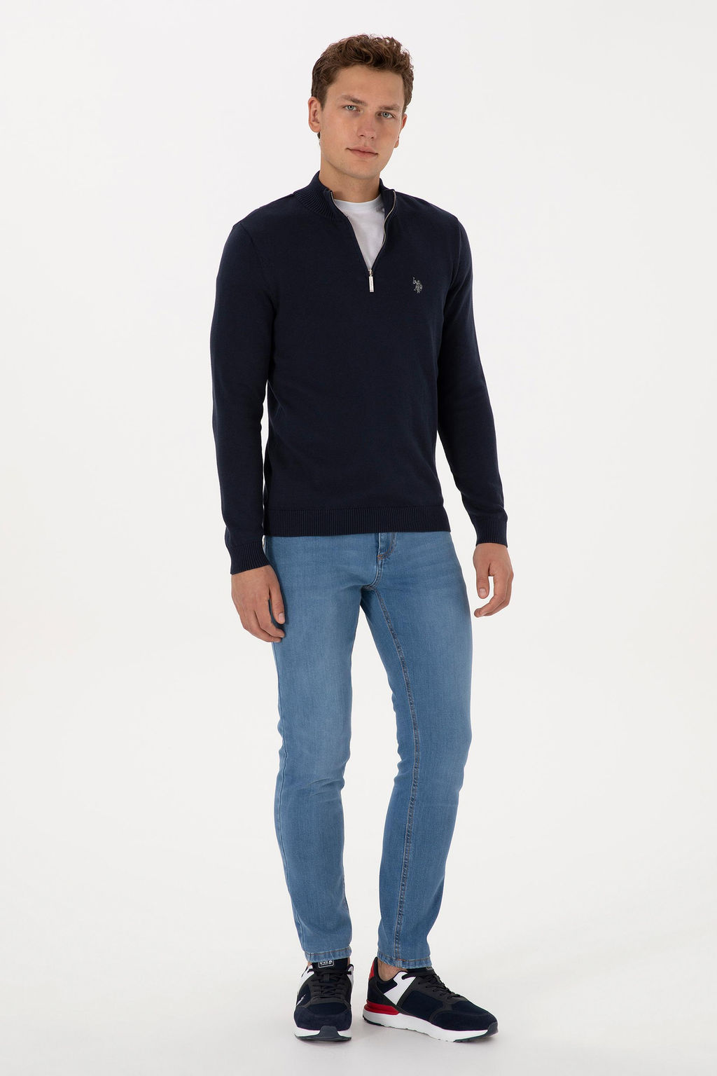 Erkek Slim Fit Yar_m Fermuarl_ Lacivert Basic Kazak