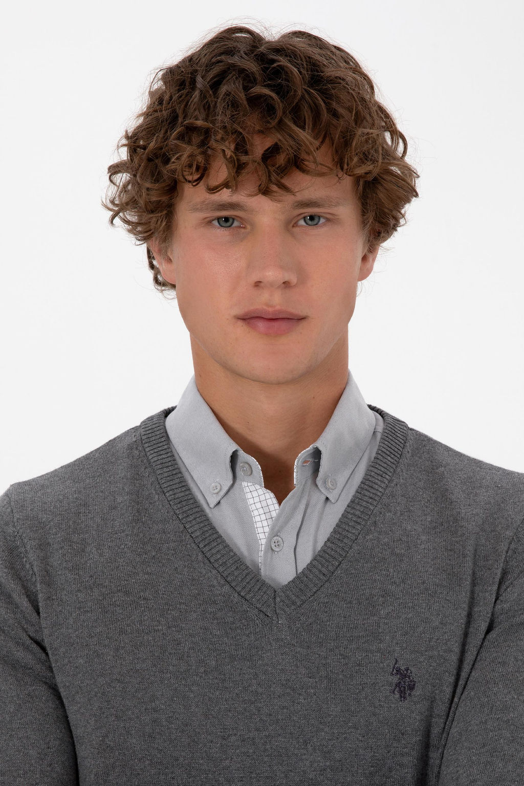 Erkek Slim Fit V Yaka Gri Melanj Basic Triko Kazak - U.s. polo assn фото 2