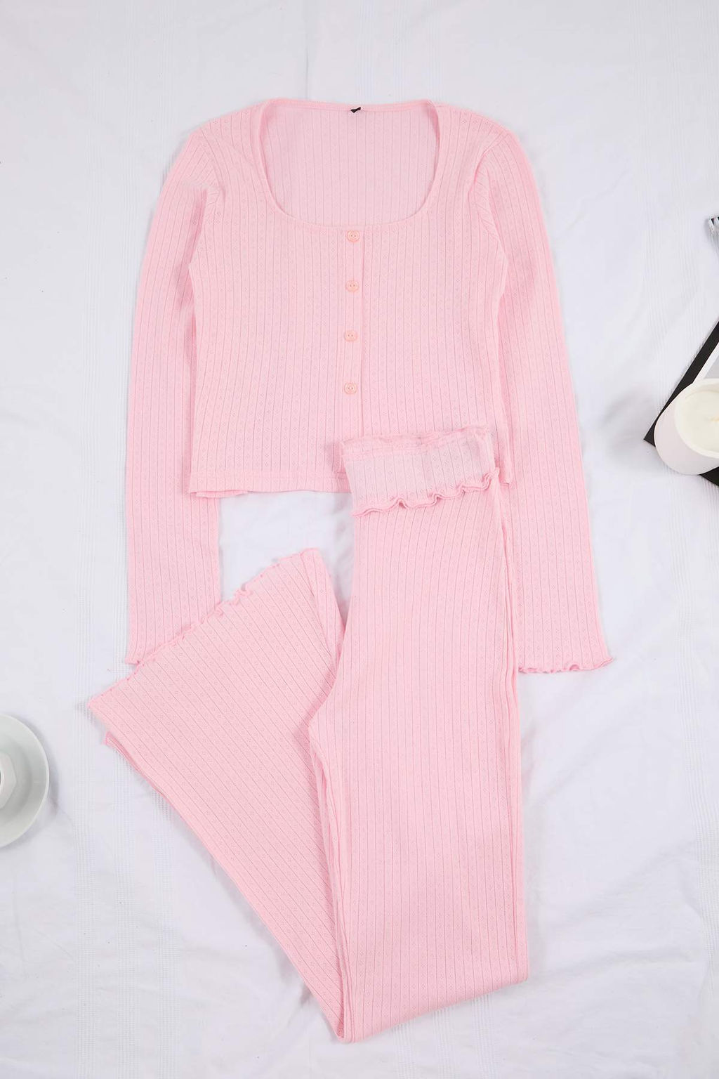 Ac?k Pembe Bel Detayl? H?rka Fitilli/Pointel Orme Pijama Tak?m? THMSS26PT00019 - Trendyolmilla фото 5