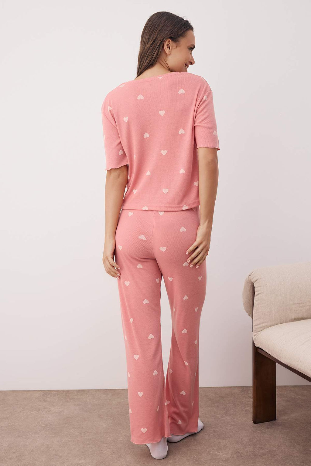 Pembe Kalpli Slogan Lastik Detayl? Fitilli Orme Pijama Tak?m? THMSS24PT00404