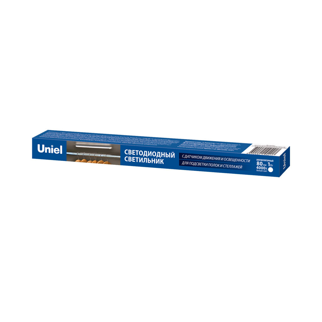 ULM-F60-1W/4000K/RECH SENSOR IP20 WHITE Светильник светодиодный для мебели с сенсором движения и освещенности. Аккумуляторный (в/к). 200мм, 80лм. ТМ Uniel