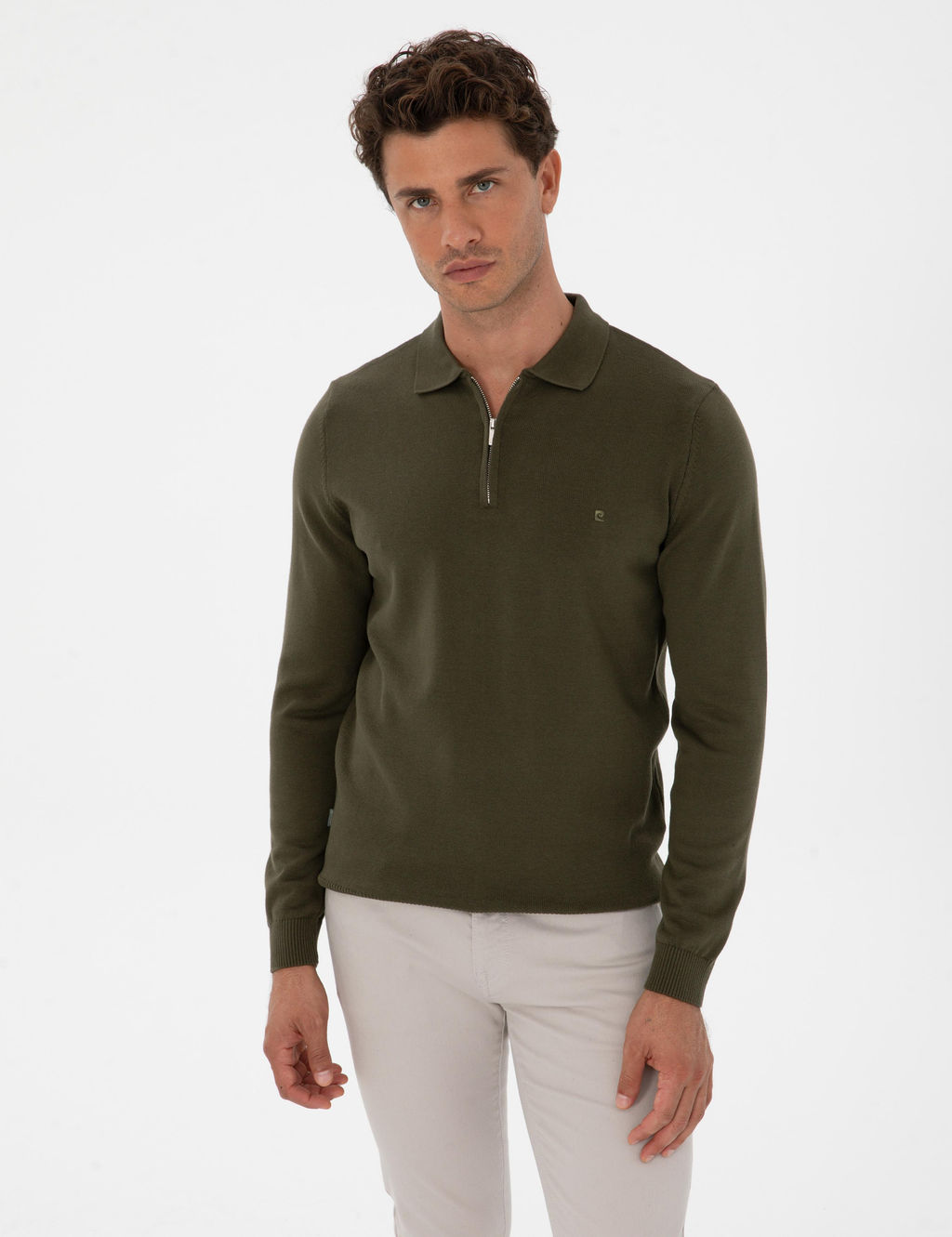Koyu Haki Slim Fit Polo Yaka Fermuarl_ Basic Triko Kazak