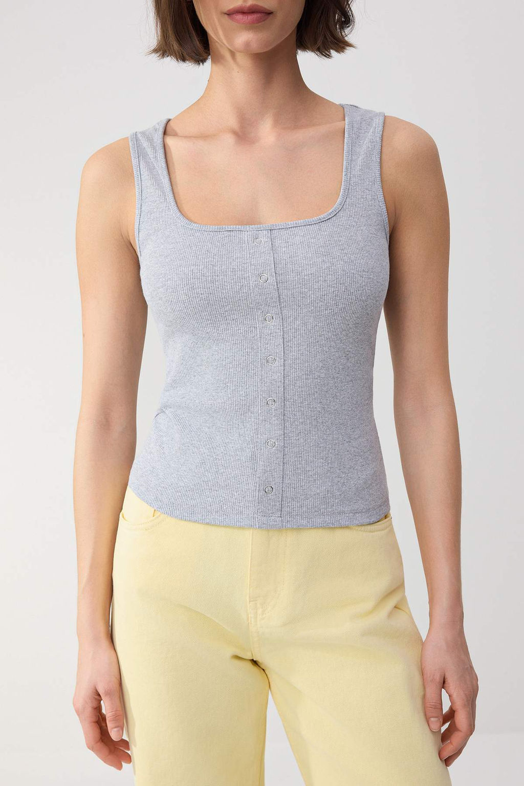 Wardrobe Essentials-Gri Melanj Fitted/Vucuda Oturan C?tc?tl? Esnek Orme Bluz TWOSS26BZ00073