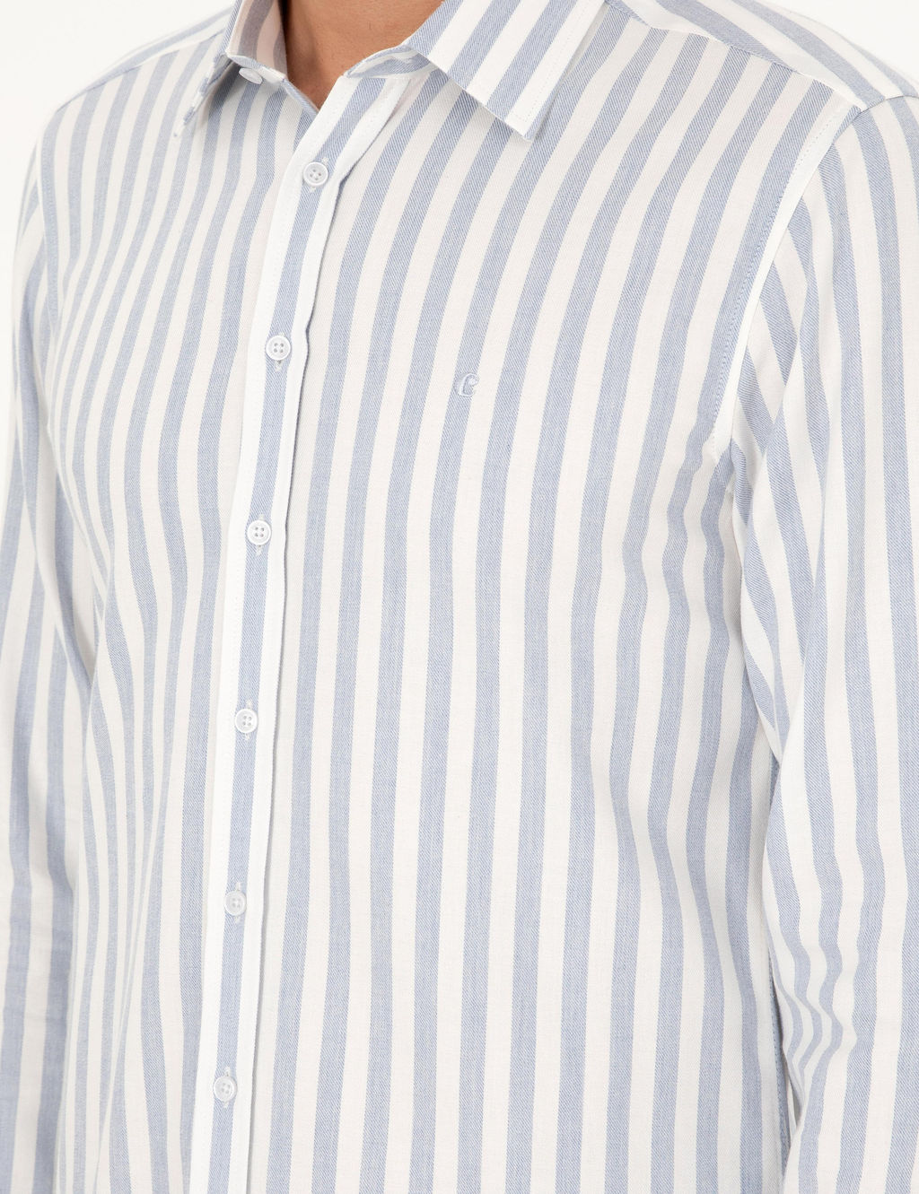 Синяя рубашка узкого кроя в полоску из смесового хлопка - Cacharel фото 7