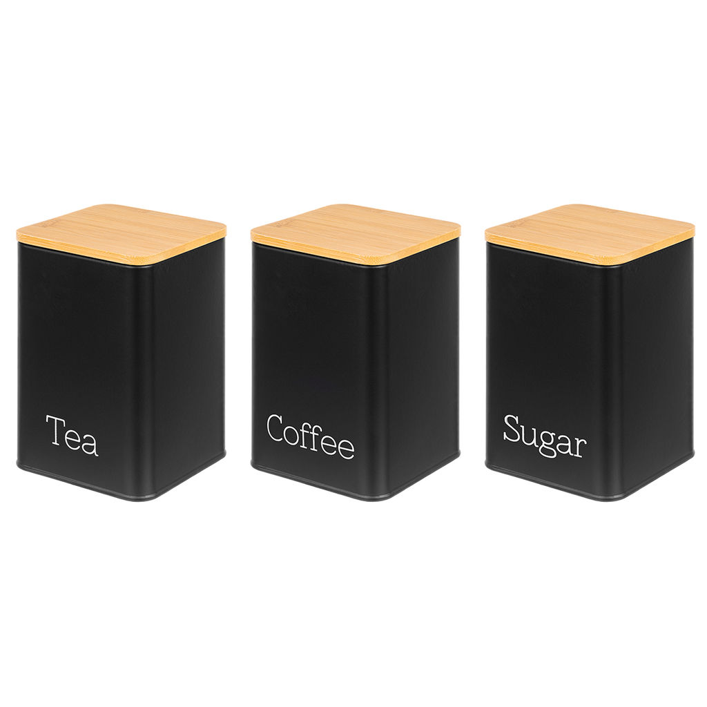 Набор банок д/сыпучих продуктов 3 пр. 1,1 л 9,5*9,5*14,5 см "Tea, coffee, sugar" черный с бамб.крыш