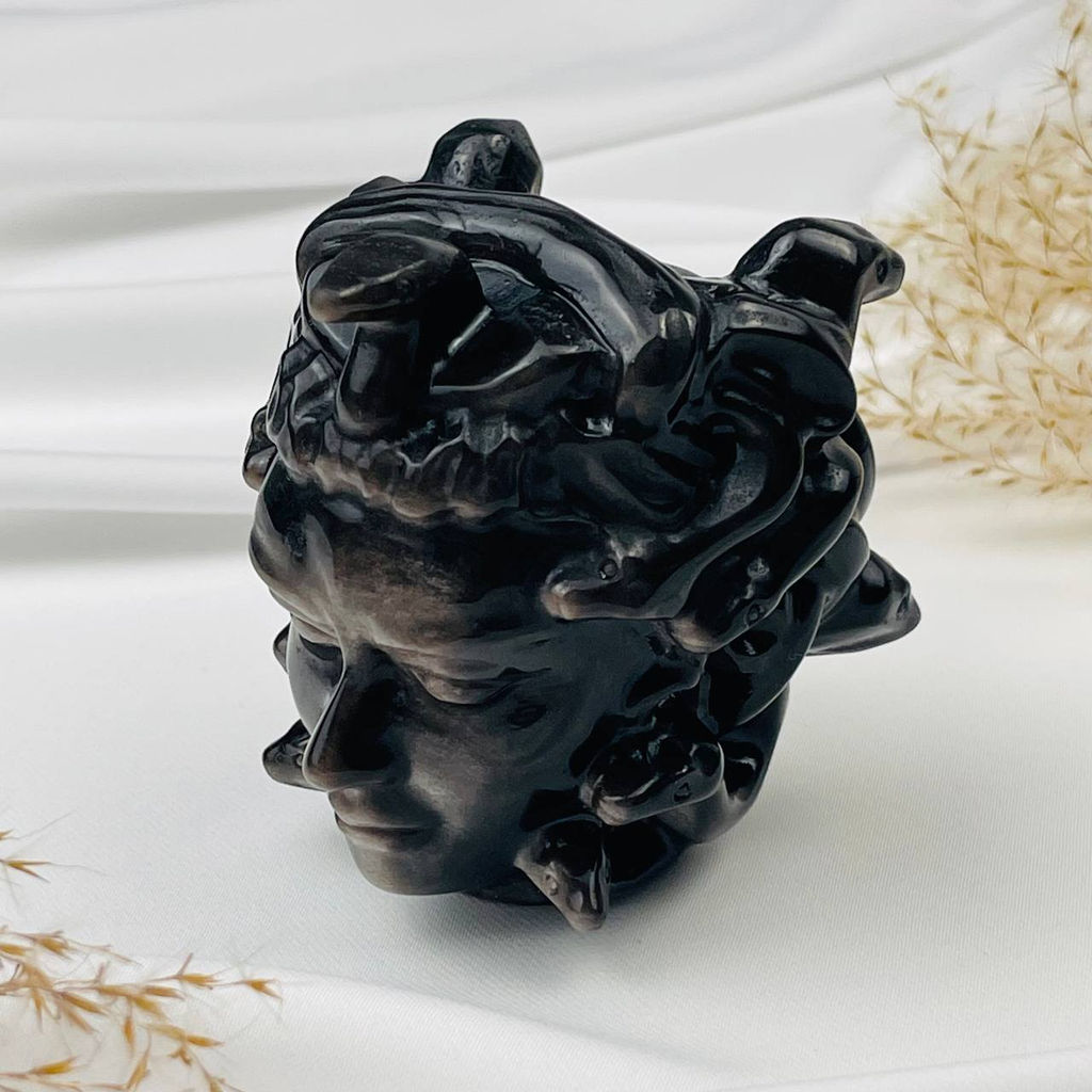 Радуга Самоцветов Фигурка резная Медуза Горгона из серебристого Обсидиана  фото 5