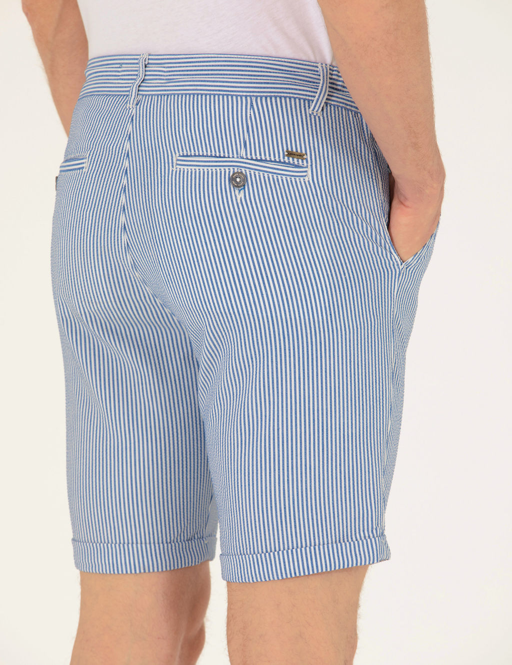 Koyu Mavi Slim Fit Beli Lastikli _izgili Ba_c_kl_ Bermuda _ort