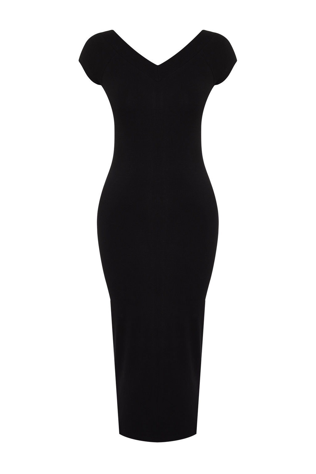 Siyah V Yaka Ay Kol Vucuda Oturan Fitilli Esnek Orme Orme Midi Kalem Elbise TWOSS24EL00818 - Trendyolmilla фото 7