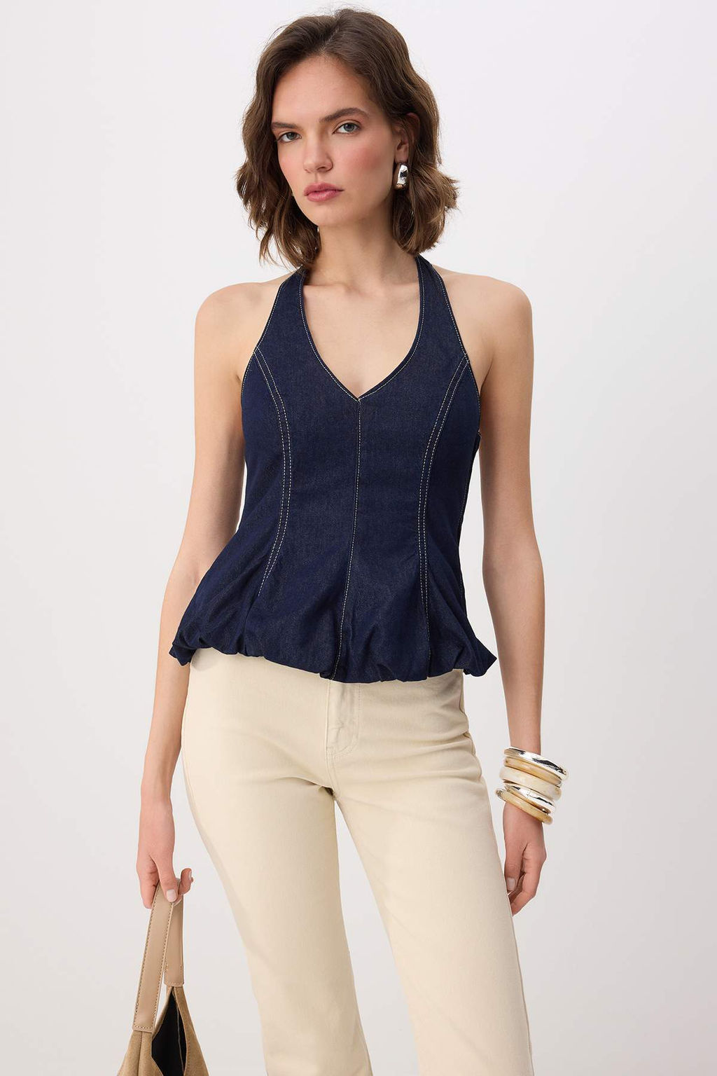 Koyu Mavi Halter Yaka Balon Denim Bluz TWOSS26BZ00705 - Trendyolmilla фото 6