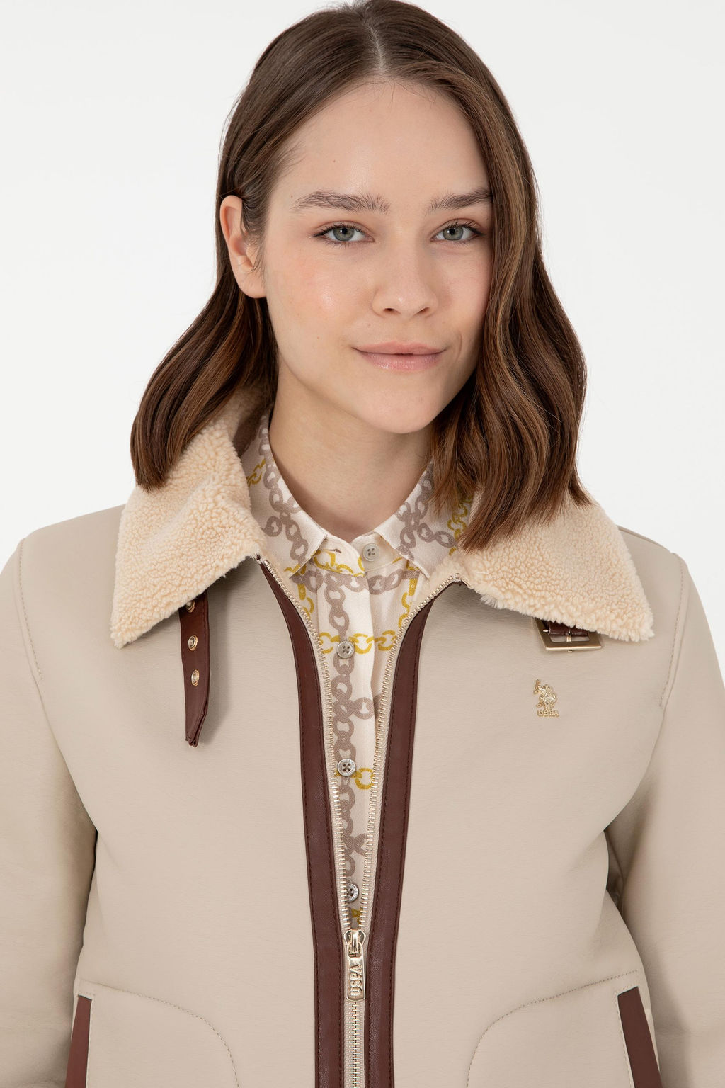 Женская кожаная куртка цвета экрю - U.s. polo assn фото 2