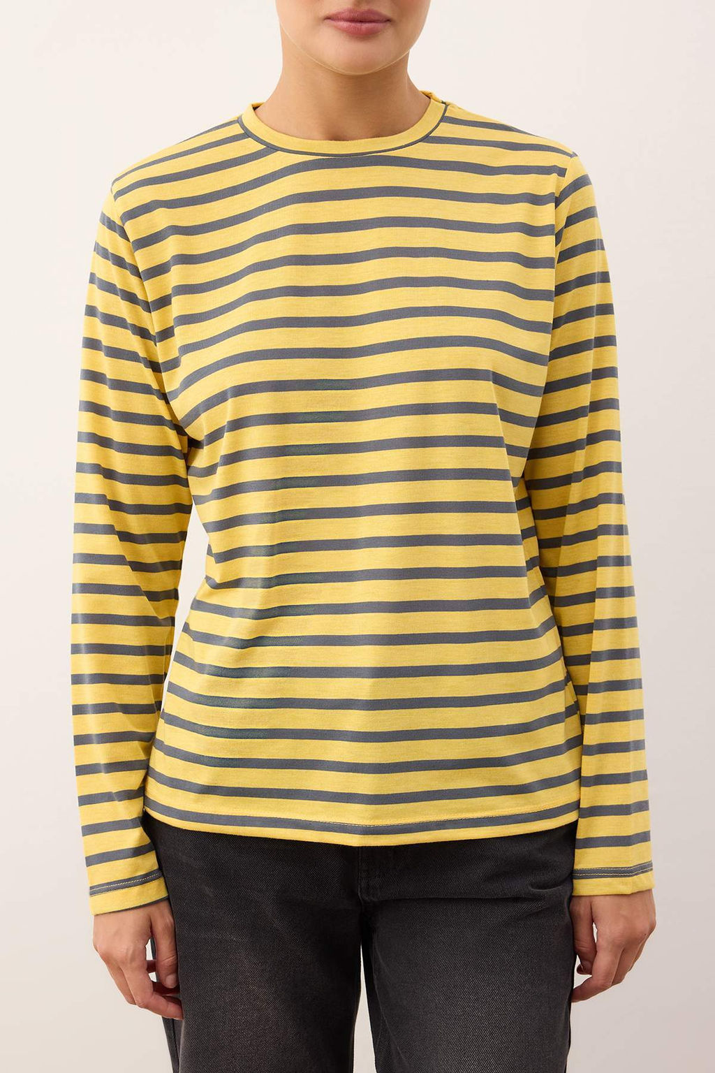 Ack Sar?-Antrasit Cizgili Regular/Normal Kal?p Basic Bisiklet Yaka Orme T-Shirt TWOAW23TS00002