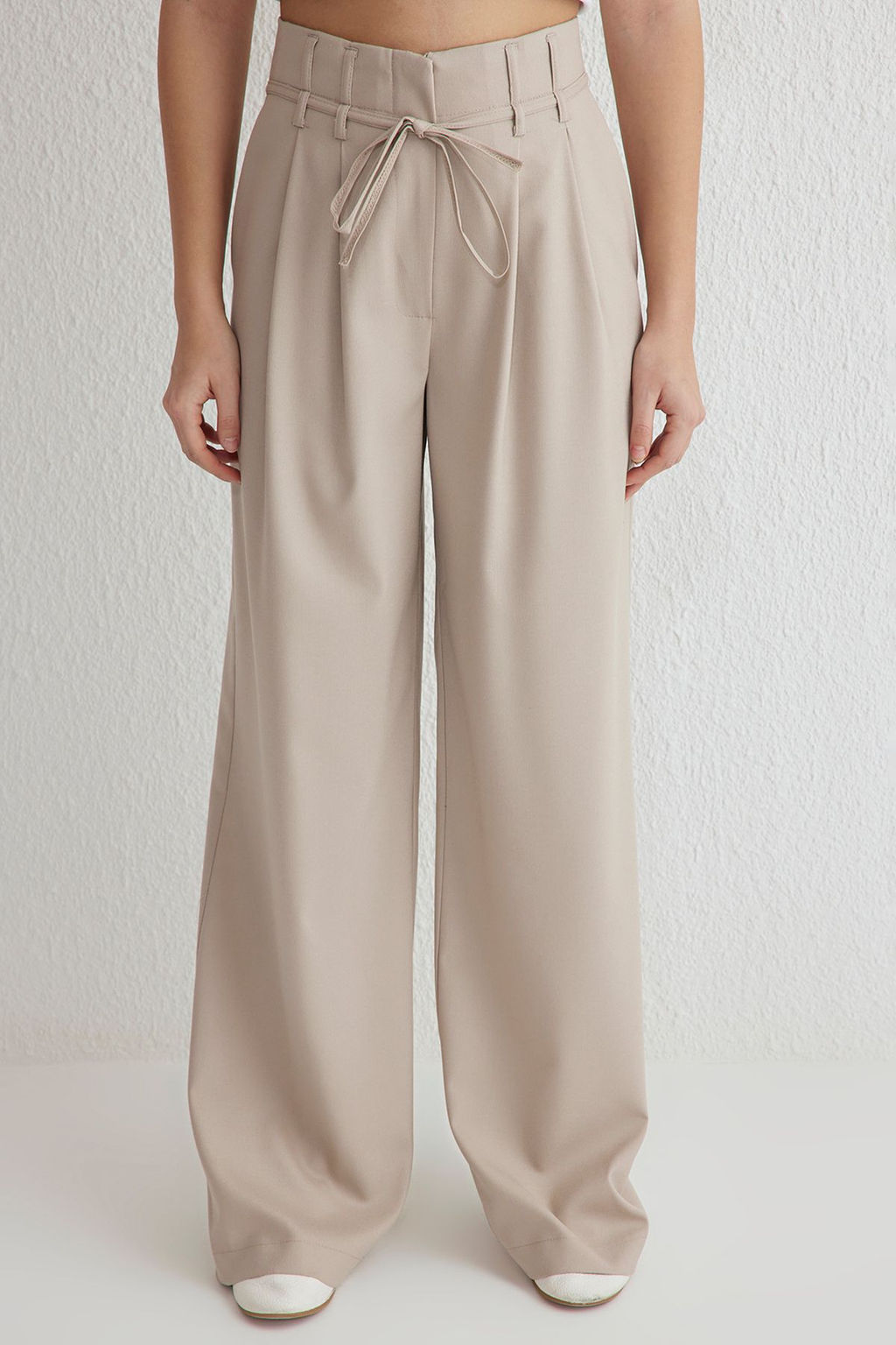 Bej Kemerli Wide Leg/Genis Paca Dokuma Pantolon Pantolon TWOSS25PL00031 Palazzo