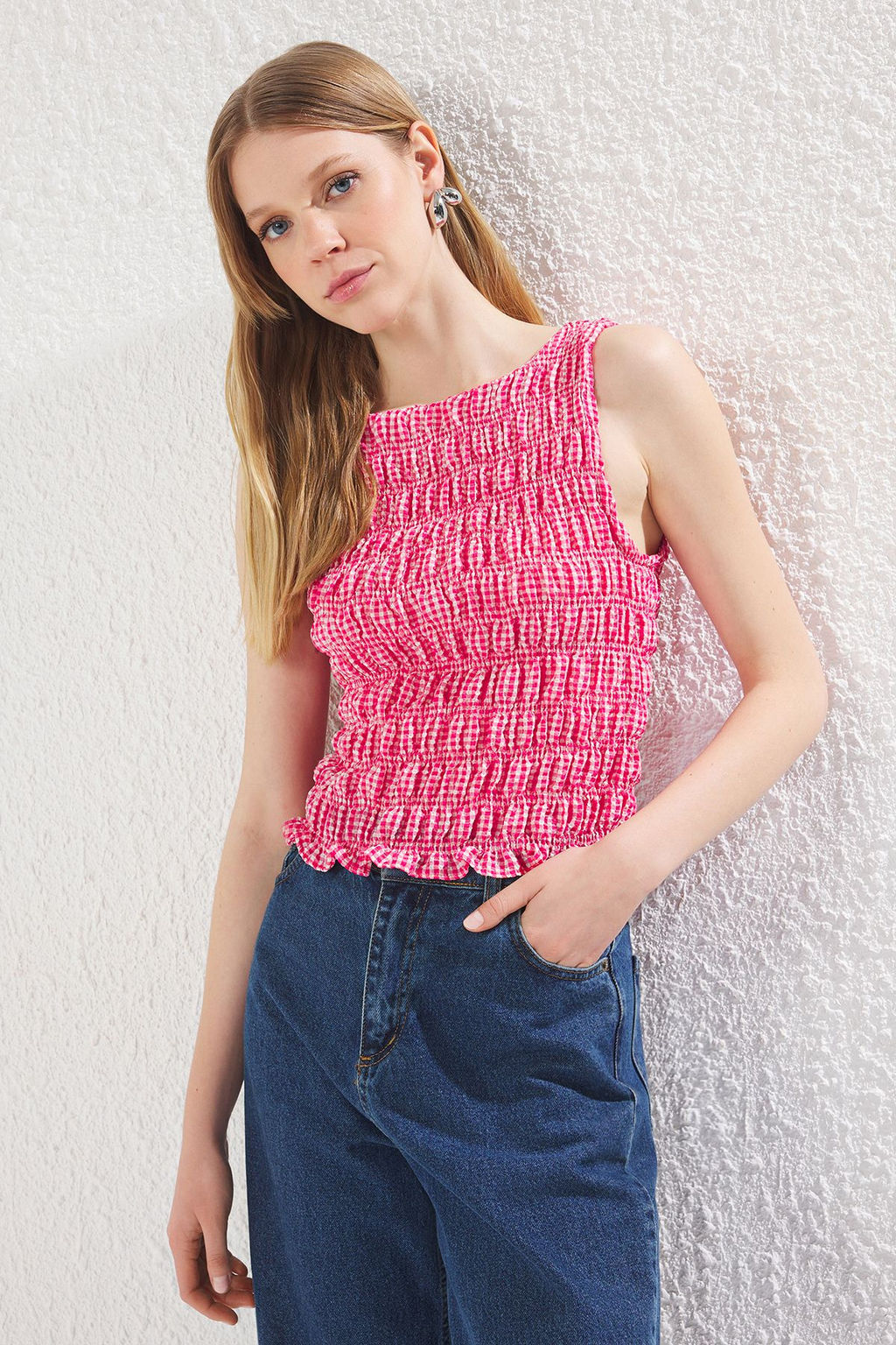 Pembe Fitted Kay?k Yaka Kolsuz Potikareli Dokuma Bluz TWOSS25BZ00356 - Trendyolmilla фото 2